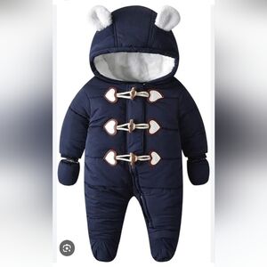 > Navy Blue Bear Ear Kids One Piece Winter Jumpsuit Size 6-9 Month